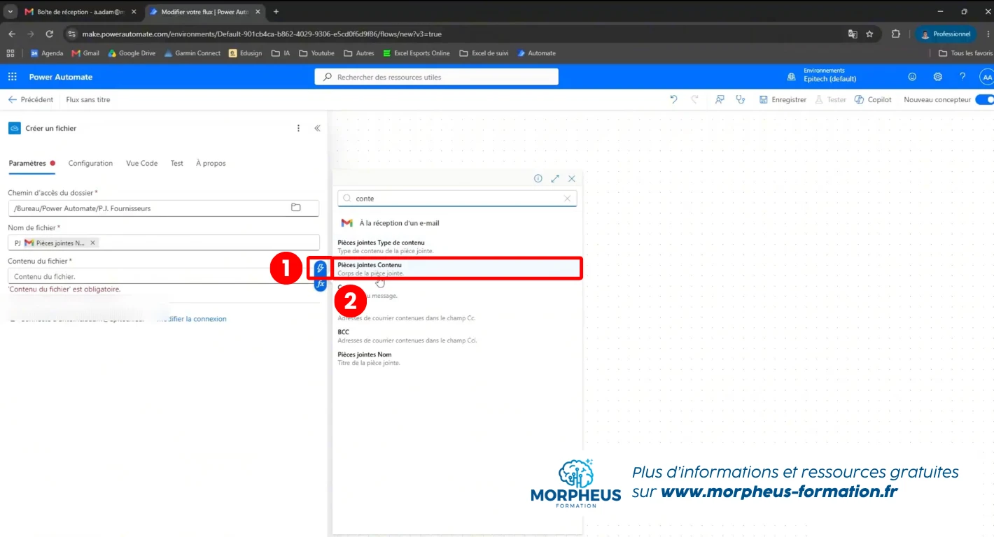 Utilisation de la fonctionnalité contenu dynamique pour récupérer automatiquement le contenu des pièces jointes dans des mails sur Power automate